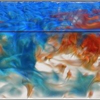 Volume rendering of the temperature field in Rayleigh-Benard convection. Hot fluid (red) rises up and cold fluid (blue) falls down. Image adopted from J. Fluid. Mech. 781, 276-297 (2015).