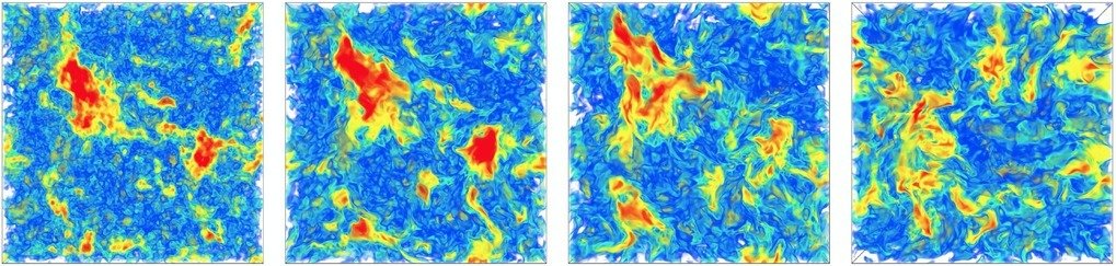 Temporal evolution of an initially Gaussian velocity and vorticity fields under the Navier-Stokes dynamics.