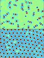 Vorticity field from a simulation of active matter turbulence. In the initial stages, vortex rotors form from a spontaneous symmetry breaking (upper panel). They grow in number over the course of time. Finally, a regular vortex pattern forms (lower panel) and defects die out.