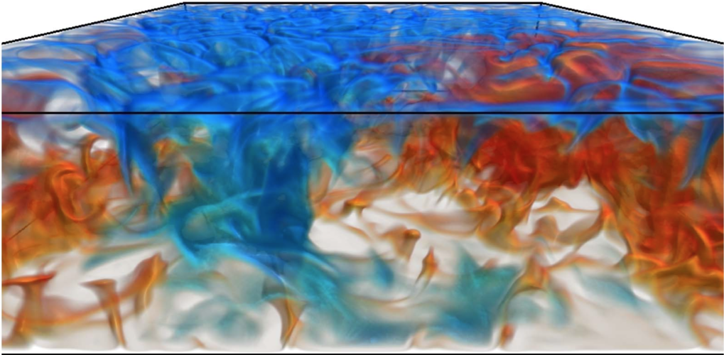 Volume rendering of the temperature field in Rayleigh-Benard convection. Hot fluid (red) rises up and cold fluid (blue) falls down. Image adopted from J. Fluid. Mech. 781, 276-297 (2015).