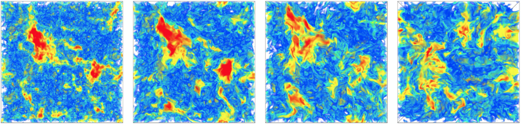 Temporal evolution of an initially Gaussian velocity and vorticity fields under the Navier-Stokes dynamics.