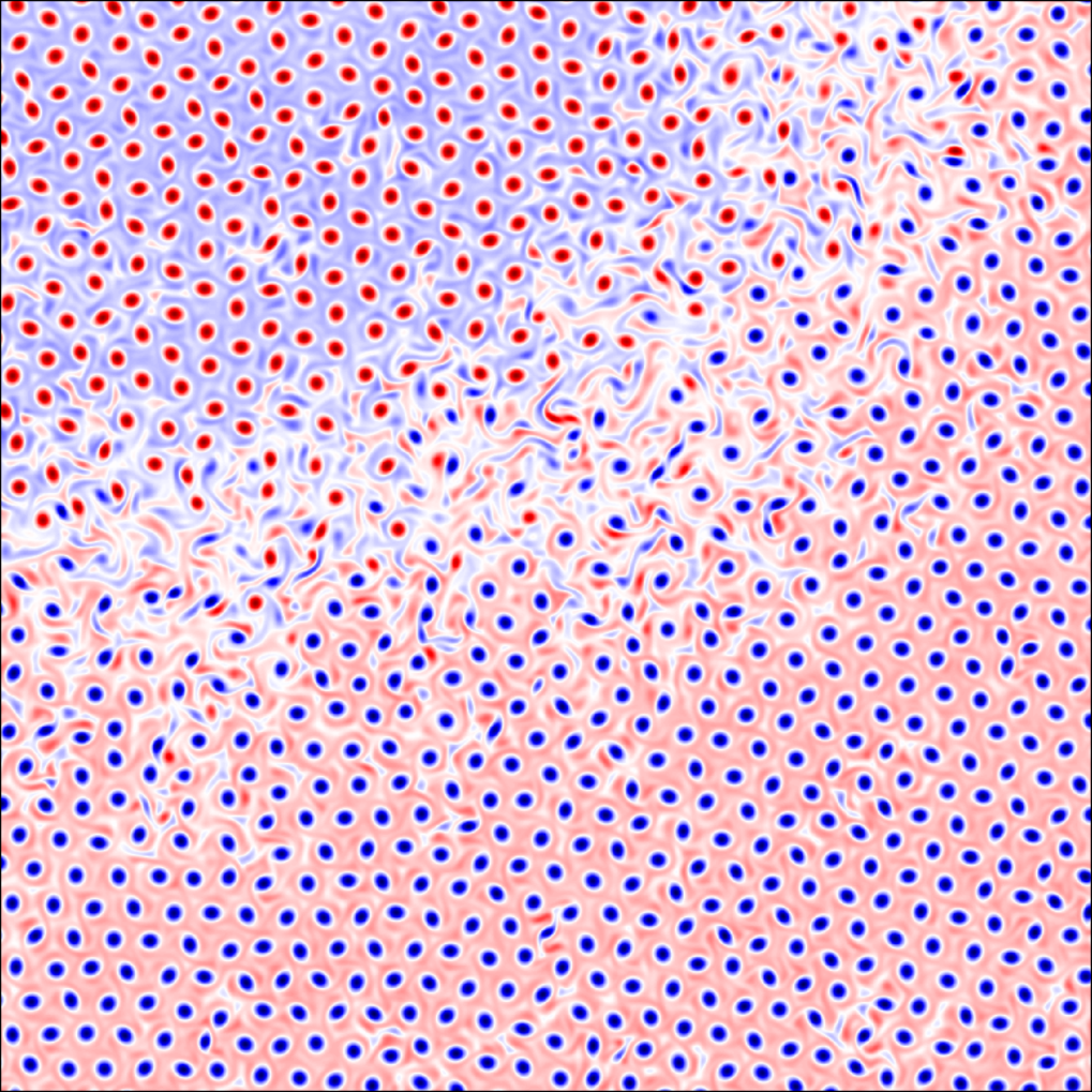 Vorticity field from a simulation of active matter turbulence. In the initial stages, vortex rotors form from a spontaneous symmetry breaking (upper panel). They grow in number over the course of time. Finally, a regular vortex pattern forms (lower panel) and defects die out.