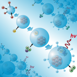 The cartoon illustrates the sequence of events during the investigation of a chemical reaction in ultracold helium nanodroplets with a temperature of about 0.38 Kelvin . As the droplets pass through the vacuum apparatus they first pick up several xenon atoms which coagulate in the interior to form a cluster. Next the droplet is exposed to barium atoms of which one enters the droplet and is attracted to the xenon cluster. Subsequently the droplet picks up a single nitrogen oxide molecule which is also attracted to the interior where it reacts with the barium atom to form barium oxide. The enrgy released in the reaction is radiated and analyzed with a spectrometer. The spectrum provides for the first time information on the course of a chemical reaction at temperatures close to absolute zero”.