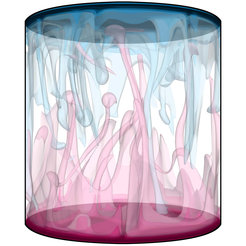 Visualisation of the temperature distribution in Rayleigh-Bénard turbulence of a very viscous liquid.