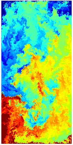 Snapshot of an numerical simulation of Rayleigh-Bénard flow at a Rayleigh number of Ra = 1x1012 and a Prandtl number of Pr = 0.7.