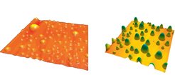 AFM image of nanobubbles produced by the solvent exchange method on HOPG. The imaged area is 4x4 µm2 (left). AFM image of nanodroplets produced by the solvent exchange method on hydrophobized silicon. The imaged area is 30x30 µm2,and the color code is from 0 to 800 nm. Taken from Lohse, Zhang, Rev. Mod. Phys. 87, 981 (2015) (right).