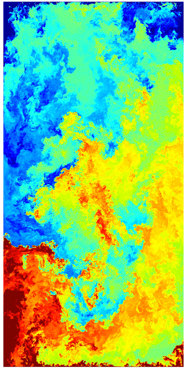 Snapshot of an numerical simulation of Rayleigh-Bénard flow at a Rayleigh number of Ra = 1x1012 and a Prandtl number of Pr = 0.7.