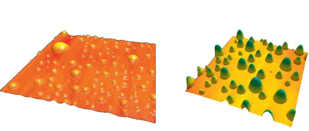 AFM image of nanobubbles produced by the solvent exchange method on HOPG. The imaged area is 4x4 µm2 (left). AFM image of nanodroplets produced by the solvent exchange method on hydrophobized silicon. The imaged area is 30x30 µm2,and the color code is from 0 to 800 nm. Taken from Lohse, Zhang, Rev. Mod. Phys. 87, 981 (2015) (right).