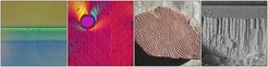 Structure formation in multi-phase materials, from our research. From left to right (i) colloidal crystals in drying paints; (ii) shear bands and birefringence in colloidal films; (iii) Kinneyia, a fossil wrinkling instability, and (iv) columnar joints in dried corn starch.