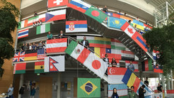 Members of the institute standing behind their national flags