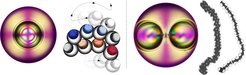 Left: liquid crystal shell with one core, which is centred at rest (polarized micrograph), and zigzagging motion (superposition of movie stills). right: Double core 'owls' do not zigzag.