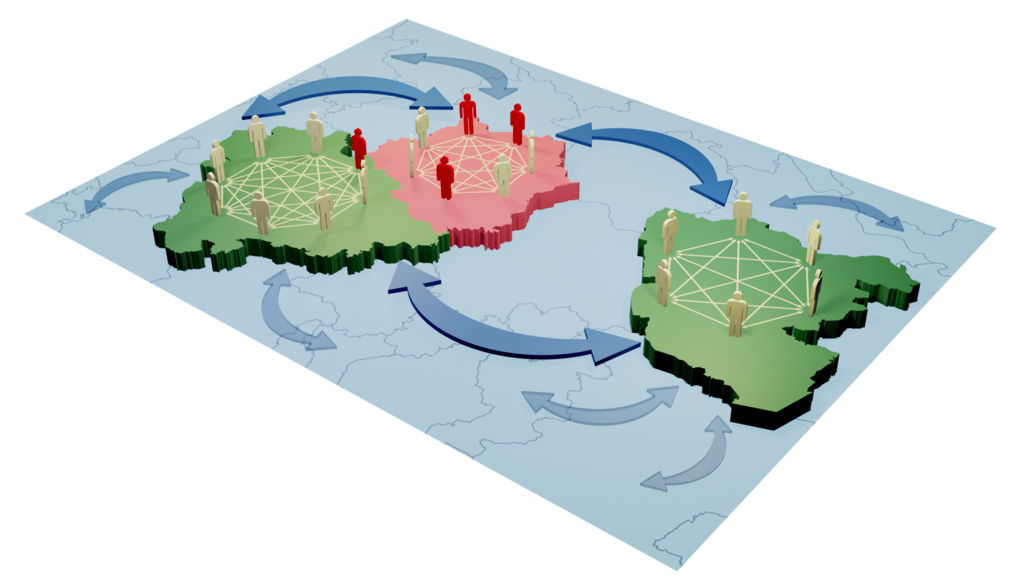 Illustration of the model used by the researchers. It assumes that most contacts in a population take place inside local regions (small white arrows between individuals), while a certain proportion of contacts take place across regions (large arrows between counties). If the number of infections in a region exceeds a specific threshold for a certain time, restrictions are initiated (red county) which locally push the reproduction number below 1. A certain time after the number of infections returns below the threshold, the restrictions are lifted again.