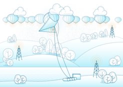 Schematische Darstellung der Mini-Wetterballons mit Umweltsensoren und der Basisstationen auf der Erde und im CloudKite